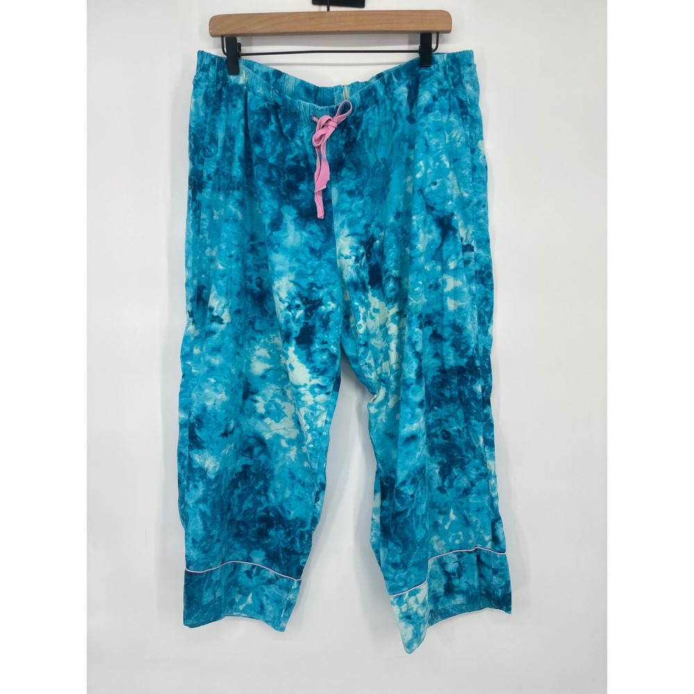 Lands End Pajama 2 Pc Set Womens 1X Blue Tie Dye Button Top Pants Loungewear - Picture 6 of 11